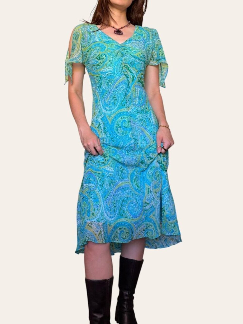 Y2k vintage Dressbarn blue/green paisley chiffon flutter sleeve fairy dress - Picture 4 of 8
